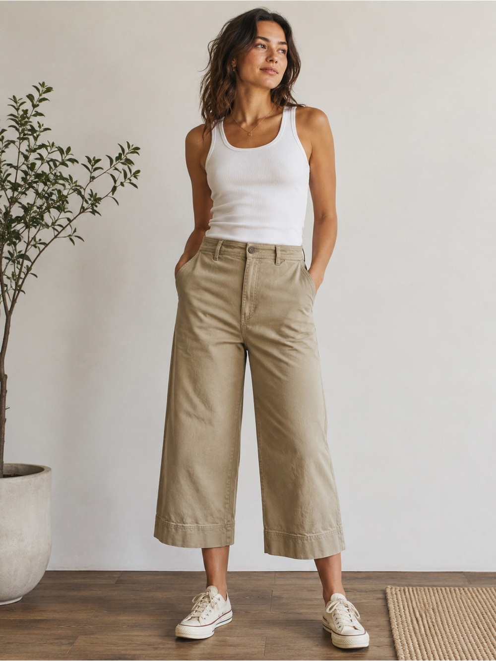 H&M Beige Wide‎ Leg Crop Pants High Rise Utility Trouser Culottes size 8